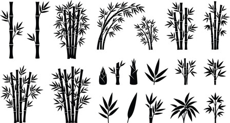 Collection of black silhouette bamboo stalks and leaves on white background, leaf plant nature © GT Designs