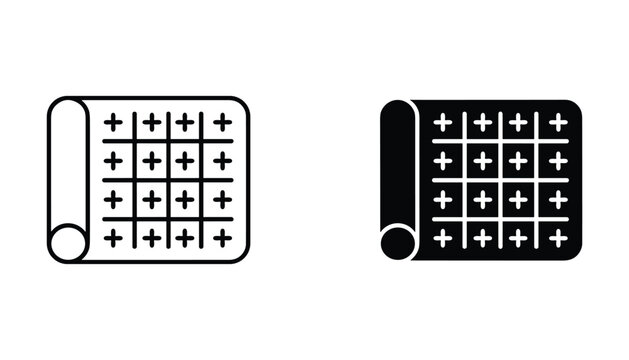 Grid layout calendar or schedule paper roll icon set in outline and solid black style representing project management and task planning tools for productivity and organization apps