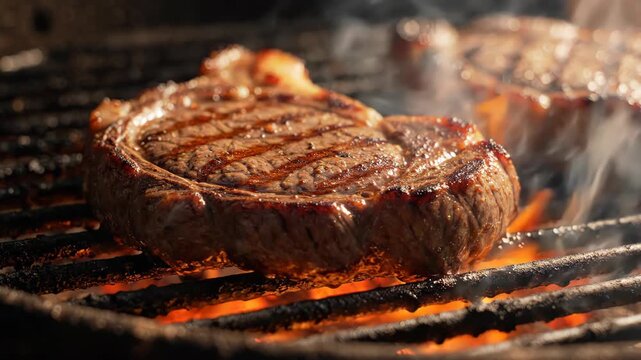 Juicy Ribeye Steak Sizzling on a Hot Grill with Flames