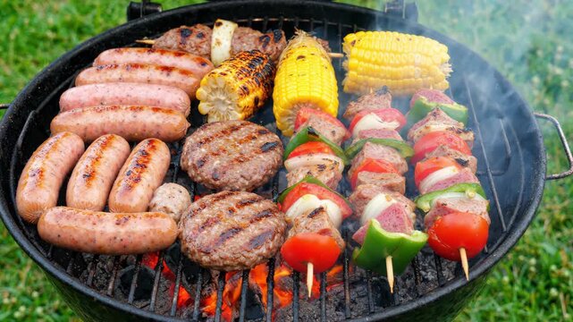 Delicious grilling outdoors with sausages, burgers, corn on the cob, and kebabs on a charcoal barbecue