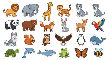 Fototapeta premium Cartoon wildlife collection including forest deer, safari animals, and marine life for educational nature illustrations and kids sticker designs