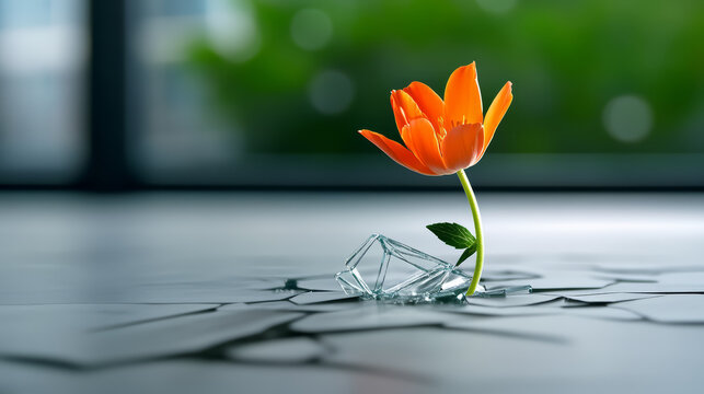 Flower growing out of shattered glass symbolizes resilience and beauty in adversity