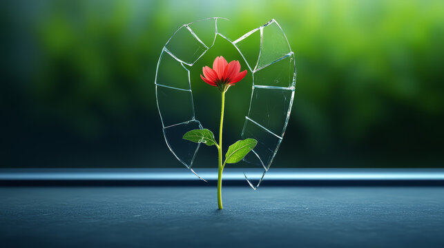 Flower growing from shattered glass symbolizes resilience and beauty in adversity