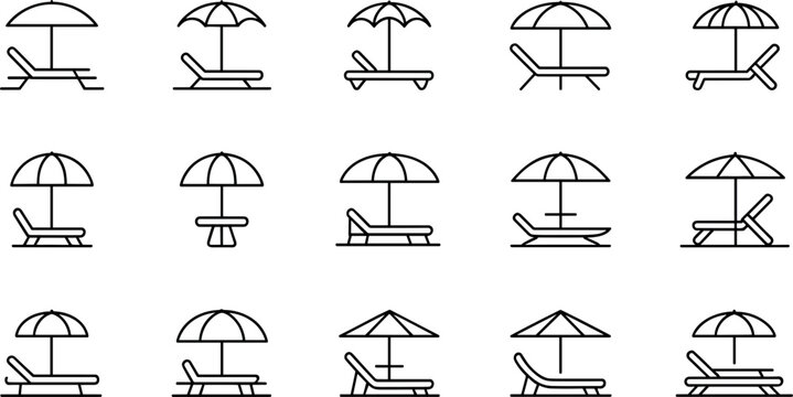 Summer beach umbrella and lounge chair line icon set vector illustration featuring resort sunbeds deck chairs patio furniture relaxation travel holiday vacation elements
