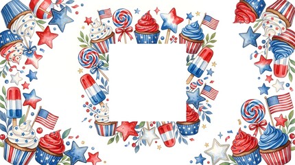 Obraz premium Watercolor patriotic 4th of july frame with cupcakes and sweets