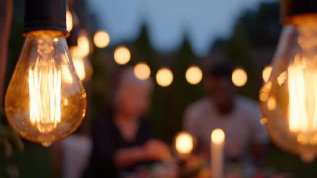 Cozy outdoor dining experience illuminated by vintage Edison bulb string lights at dusk