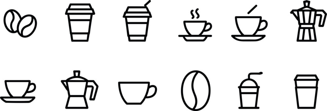 Coffee shop cafe beverage brewing line icon set vector illustration featuring aromatic roasted beans espresso mugs takeaway disposable paper cups moka pots elements