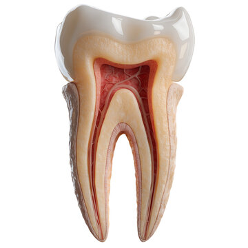 Cross section of a human tooth anatomy showing enamel dentin pulp and root isolated on white background 3D rendering