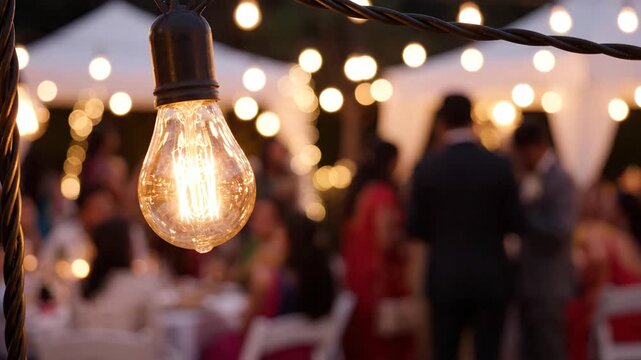 Cozy outdoor evening gathering illuminated by charming string lights, creating a warm and inviting atmosphere