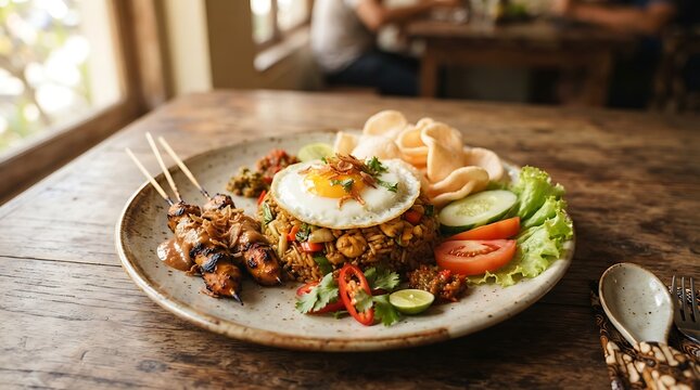Traditional Indonesian Nasi Goreng served with chicken satay skewers and a fried egg on a plate.
