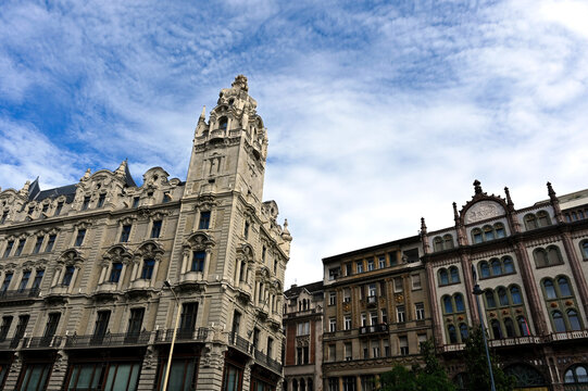 panoramic view and skyline with the newly renovated klotild twin tower palaces near the elizabeth bridge in Budapest. neo-baroque and eclectic style. perspective view. architecture, travel and tourism