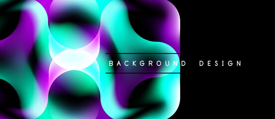 Naklejka premium Abstract fluid shapes blend purple, turquoise hues. Modern design element over black backdrop. Text reads background design.
