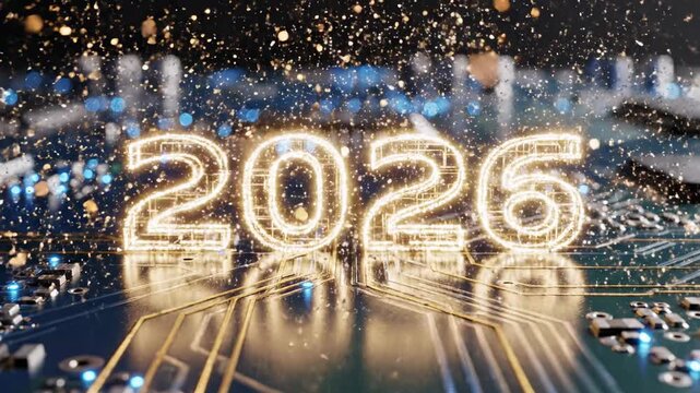 glowing 2025 numbers exploding with light and sparks over a futuristic blue circuit board, technology concept
