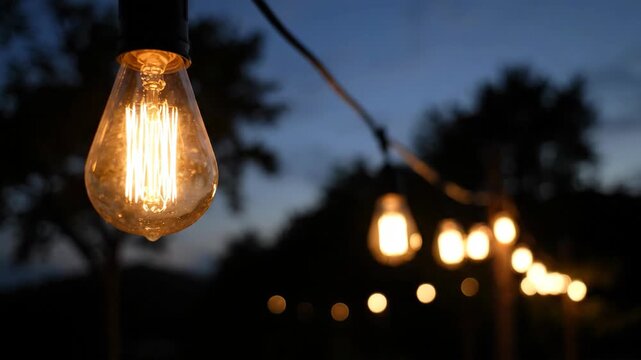Close-up of a vintage Edison bulb string light at dusk.
