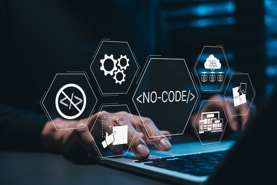 No-code software development and visual programming concept. Programmer using laptop with NO-CODE icons, prohibited coding sign, app builder, drag-drop. low-code platform, modular software creation,