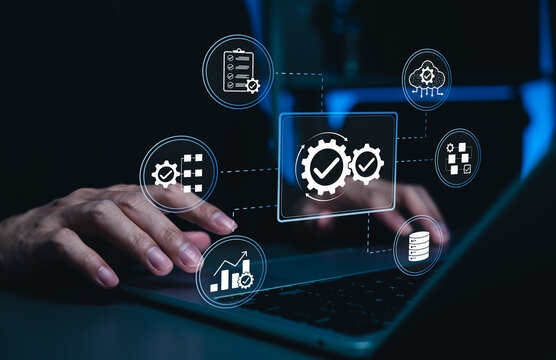 Workflow automation and business process management concept. Businessman using laptop with approved digital, cloud integration, database system, analytics, checklist validation, operations monitoring