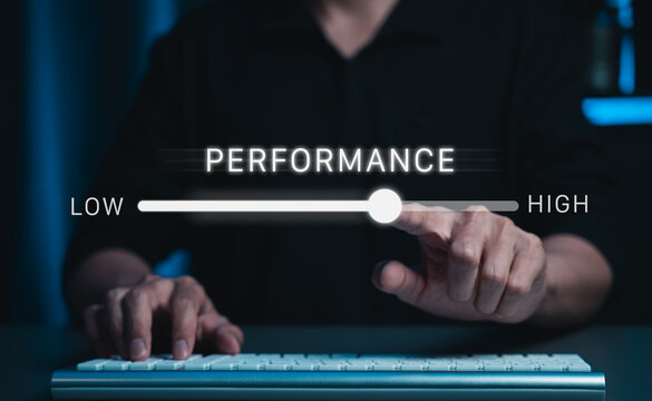 Performance optimization concept. adjusting digital slider from low to high, showing business efficiency, productivity improvement, system speed, quality control, workflow analytics, growth management