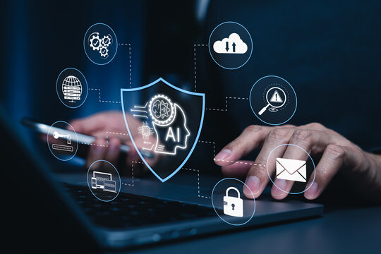 AI cybersecurity protection concept. Man using laptop, shield interface, threat detection, access control, cloud security, data privacy, email protection, authentication, secure network technology