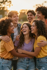 Fototapeta premium Happy diverse friends laughing and embracing together outdoors at sunset with friendship, laughing