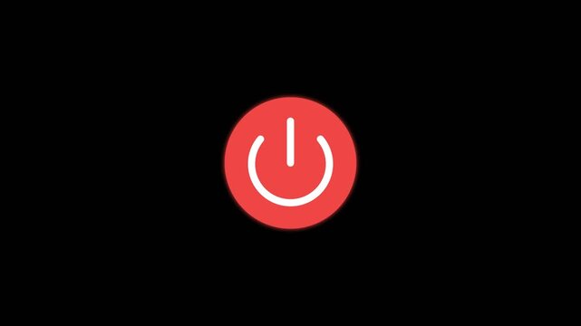 Power button icon glowing with vibrant red light centered on a deep black background in this high quality digital motion video