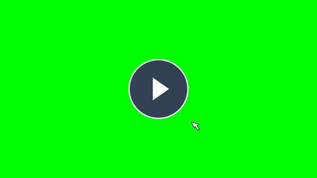 Circular play button icon centered on a vivid green screen background waiting for user interaction in this digital video animation
