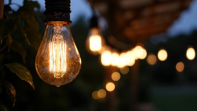 Close-up of a vintage Edison bulb with bokeh lights in the background.