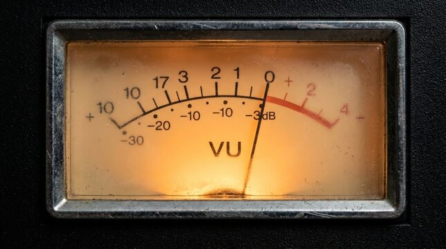 Close-up of a vintage VU meter with a red needle on a black background, warm orange lighting, and a metal frame.