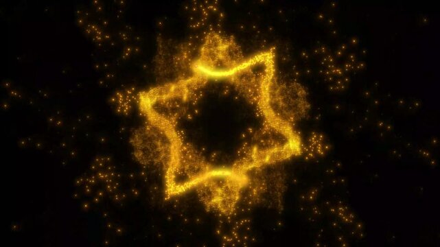 Luxury glowing gold particles star moving smoothly on black background, abstract magical golden glitter shape border overlay, festive christmas celebration background element design. 4k video