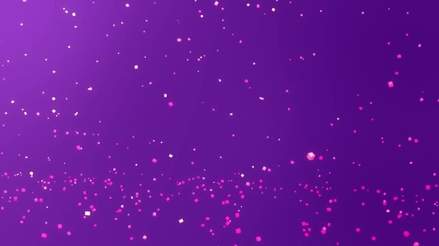 4K animation video of abstract geometric particles falling on a purple background. Abstract purple background loop featuring falling geometric cube particles in a 4K animation video.