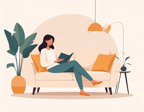 Young woman sitting comfortable sofa, reading open book. Cozy living room interior, potted houseplant, warm floor lamp, pillows flat vector illustration design artwork.