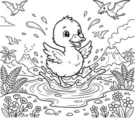 Cute cartoon duckling playing in a prehistoric pond with volcanoes and pterodactyls © Ajoy