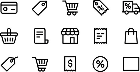 E-commerce online retail shopping cart and digital commerce store line icon set vector illustration featuring price tags financial payment methods discount delivery trucks elements © SARIFA
