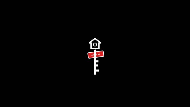 Minimalist house key icon featuring a red signpost with text moving in this sleek digital animation motion graphic design video.