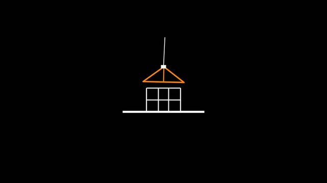 Minimalist house icon featuring clean white lines and a vibrant orange roof design in this smooth digital motion video clip.