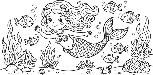 Fototapeta premium Cute cartoon mermaid swimming underwater with fish and sea plants, coloring page for kids
