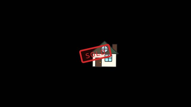 Small cartoon house illustration with a bold red sold stamp overlaying the structure in this simple digital motion animation clip
