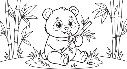 Cute panda bear eating bamboo in the forest, coloring page for kids © Ajoy