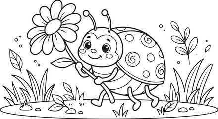 Cute cartoon ladybug holding a flower in a meadow, black and white coloring page for kids © Ajoy