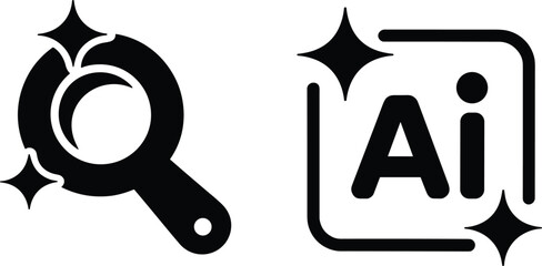 Artificial intelligence AI search vector icon set featuring black magnifying glass and smart text logo with magic sparkling stars for technology design © MdIbrahimIslam