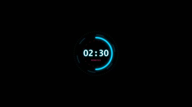 Glowing digital countdown clock animation displays passing minutes with a vibrant blue circular progress bar on dark background motion footage