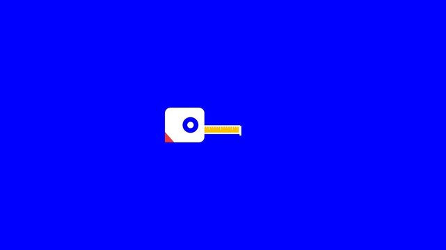 Measuring tape tool animation showing an extending yellow ruler against a vibrant solid blue background in this digital motion clip