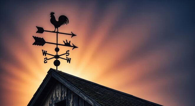 Rustic rooster weather vane silhouetted against sunset sky