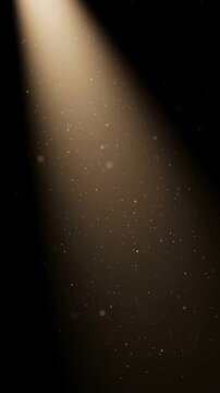 Vertical cinematic spotlight illuminating slowly drifting golden dust particles in darkness