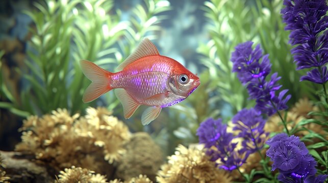 Small orange glofish swimming in a vibrant purple and green aquarium with aquatic plants.