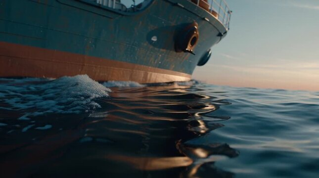 Cargo ship hull sailing through ocean waves at sunset
