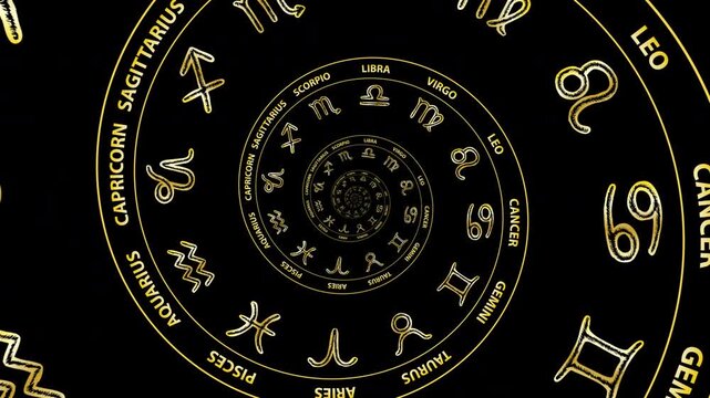 Endless infinity zoom animation featuring a golden zodiac sign spiral with astrology symbols on a transparent alpha channel background, seamless loop 