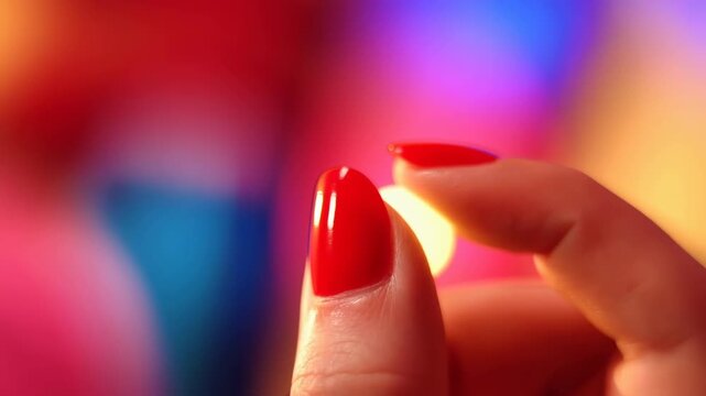 hand holding glowing red nail polish against colorful background with mysterious intrigue in commercial beauty context close-up top-down perspective period period period period period.