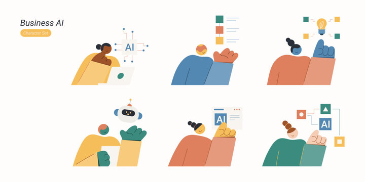 Business AI. Flat vector character set showing diverse people interacting with AI chips, robots and lightbulb icons for technology concepts.
