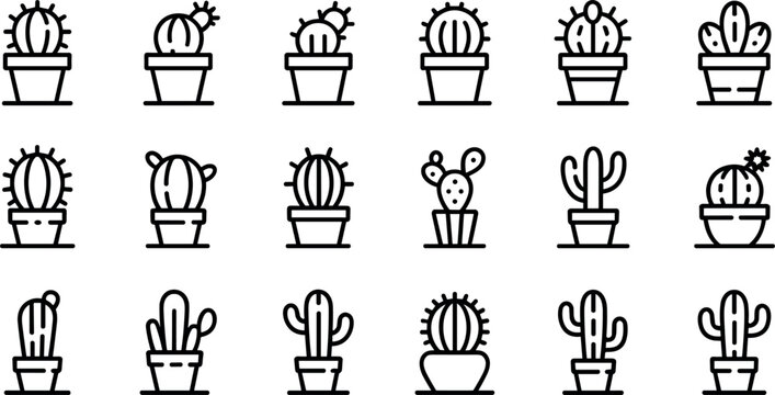 Potted cactus desert plant and succulent botanical flower line icon set vector illustration featuring spiky thorns indoor houseplants garden flora home decor symbols