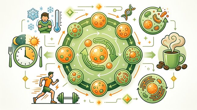Metabolism and cellular autophagy cycle with healthy lifestyle icons